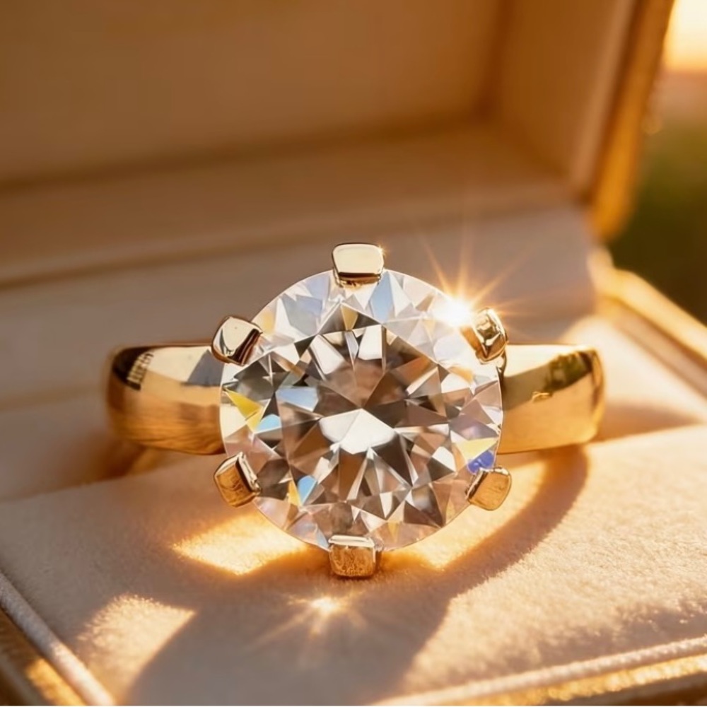 Classic Solitaire 18k Finish Gold Ring with Clear Faceted Moissanite 5 CTS